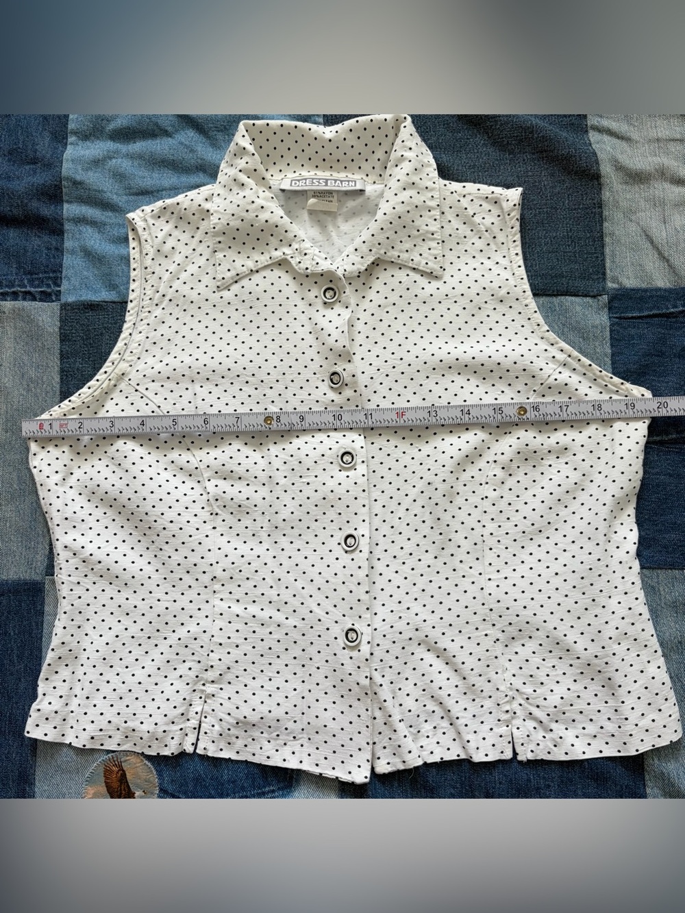vintage white polka dot fitted sleeveless button up collared blouse dress barn L - Picture 5 of 7